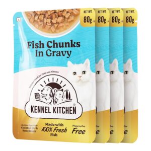 Kennel Kitchen Grain Free Wet Cat Food for Adults and Kennel Kitchen Grain Free Wet Cat Food for Adults and Kittens, Gravy Pet Food for Cats No Artificial Flavors, Colors or Preservatives, 4 Pouches (4 x 80 GMS)