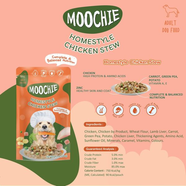 PETS EMPIRE Moochie Homestyle Wet Dog Food (120g X 6) Grain Free Gavy Meal, Variety Pack with Lamb Topping Pasta, Chicken Recipe Topping Rice & Chicken Stew, High Protein Gravy Foods for Adult Dogs