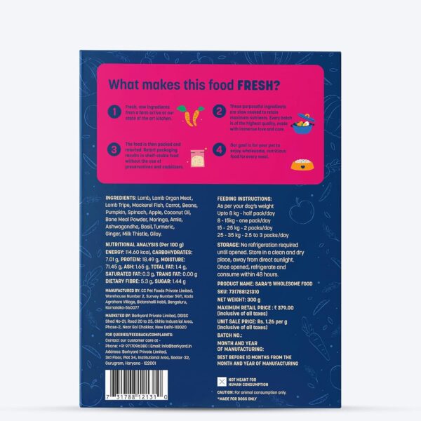 81iLxNkQeRL._SL1500_.jpg Heads Up For Tails Sara's Wholesome Grain-Free Range Dog Wet Food (Lamb And Apple - 300Gm) - All Life Stages