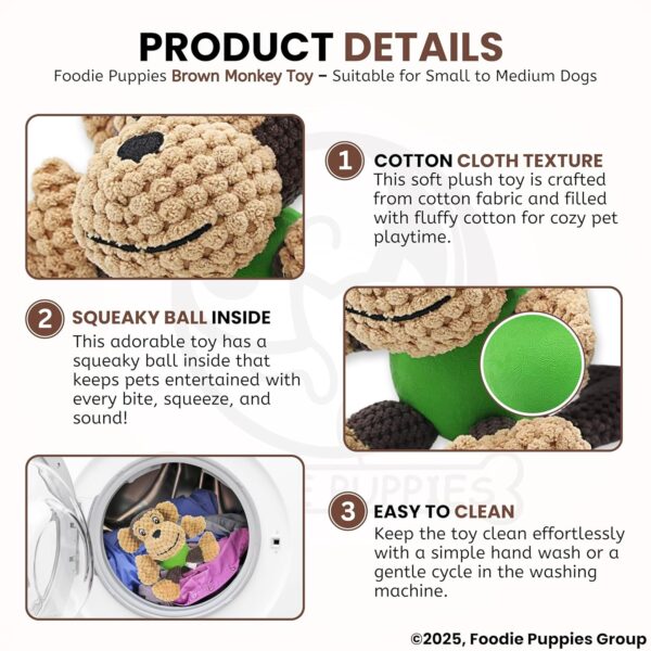 Foodie Puppies Interactive Dog Squeaky Plush Toy (Brown Monkey, Medium) | Crinkle Paper, Cotton-Stuffed, Rubber Vest Chew Toy for Teething, Cuddling, Playing & Training for Small to Medium Dogs