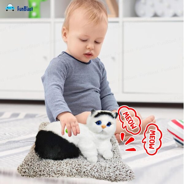 FunBlast Cute Cat Plush Toy with Meow Sound, Toy Accessories for Car Dashboard & Home Décor, Gift for Kids, Realistic Cat Pet Toys with Bed (Black+White)