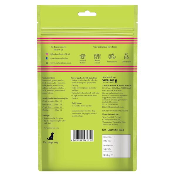 81it71aG-OL._SL1500_.jpg BARK OUT LOUD - Dental Treats | Brush Shape Dog Chews | Removes Plaque/Tartar | Fresh Smell | Oral Care Gluten Free| Chicken Dog Treats (100 GMS)