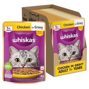 Whiskas Adult (1+ Years) Wet Cat Food, Chicken in Gravy, 80 g (Pack of 14), Hydrating Food Made With Real Chicken, 100% Complete & Balanced Nutrition for Adult Cats