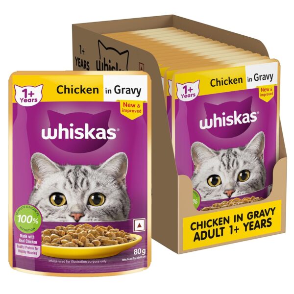 Whiskas Adult (1+ Years) Wet Cat Food, Chicken in Gravy, Whiskas Adult (1+ Years) Wet Cat Food, Chicken in Gravy, 80 g (Pack of 14), Hydrating Food Made With Real Chicken, 100% Complete & Balanced Nutrition for Adult Cats