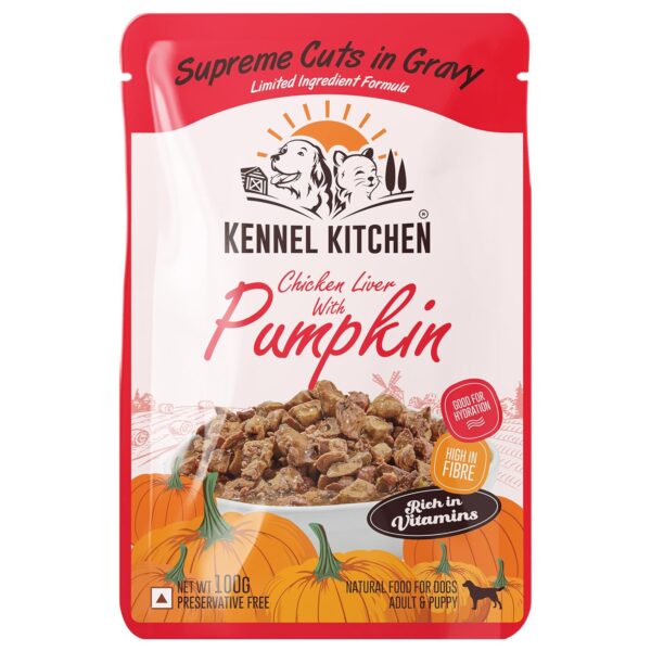 Kennel Kitchen Supreme Cuts in Gravy, Chicken Liver Recipe with Pumpkin, 130g (Pack of 12) | Wet Dog Food Gravy for Adult & Puppy | Limited Ingredient Chunks High in Fibre & Good for Hydration