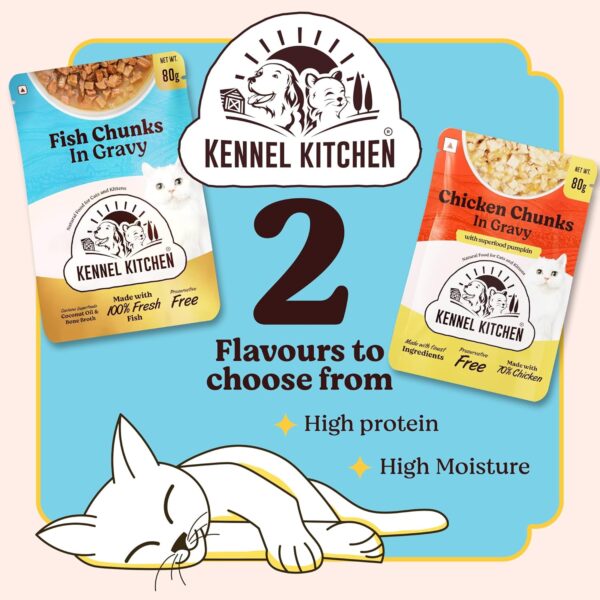 81jm8aTkd5L._SL1500_.jpg Kennel Kitchen Wet Cat Food for Adults and Kittens, Fish Chunks in Gravy, 12 Pouches (12 X 80 GMS)