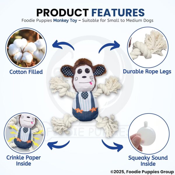 Foodie Puppies Monkey Crinkle Paper Rope Plush Toy for Dogs | Non-Toxic, Soft, Stuffed Interactive Cute Squeaky, Teething Rope Dog Toys | Plush Dog Toys for Small to Medium Dogs