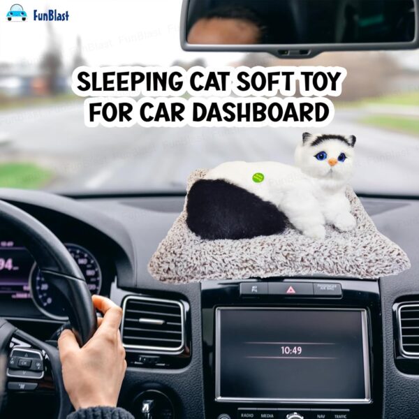 FunBlast Cute Cat Plush Toy with Meow Sound, Toy Accessories for Car Dashboard & Home Décor, Gift for Kids, Realistic Cat Pet Toys with Bed (Black+White)