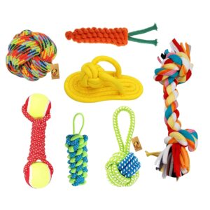 Foodie Puppies 7-in-1 Combo of Cotton Rope Toys for Small Foodie Puppies 7-in-1 Combo of Cotton Rope Toys for Small Dogs and Puppies - (2Knot, Slipper, Cornstick, Tennis, Handle Ball, Cotton Ball & Carrot) | Teething & Training Rope Chew Toy (Color May Vary)