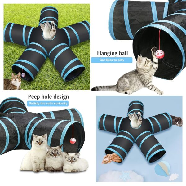 Cat Tunnel Kitten Dog Rabbits Cat Interactive Toy Play Toy Foldable Pet Cat Toy with Ball Tunnel (5 Way, Dark Blue)