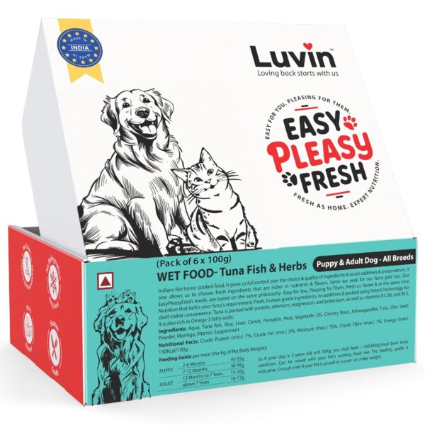 Luvin Wet Dog Food | Tuna Fish & Herbs | Puppy & Adult Dog | All Breeds 600gms (100gms X 6)