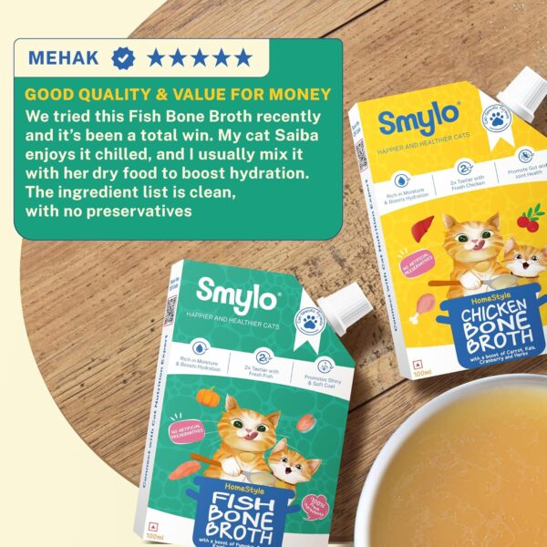 81qsmS6-2L._SL1500_.jpg Smylo Summer Cooler, Hydration Rich Fish & Cḩicken Bone Broth for Cats (2+1 Combo) | Rich in Collagen for Bones & Joints Health| Omega 3 & 6 for Shiny Fur & Coat | Cat Food Topper and Cat Supplements