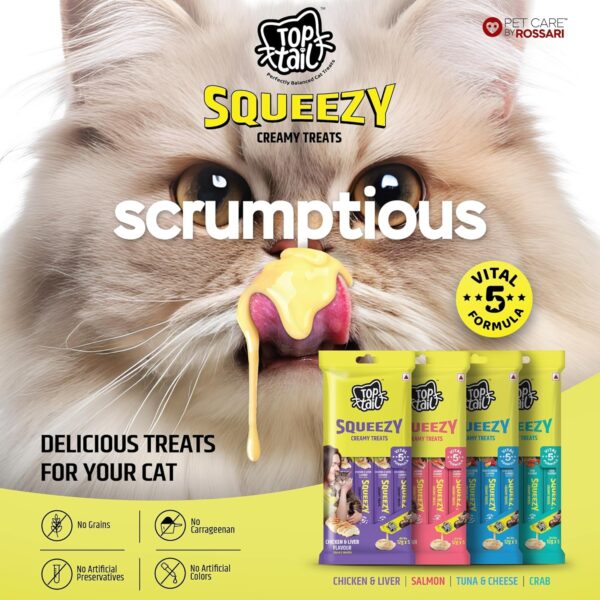 Toptail Cat Treats Chicken & Liver Flavour - 60 Grams (12g x 5 Sachets), Squeezy Creamy Lickable Treats for Cats, Rich in Omega-3 & 6 Fatty Acids