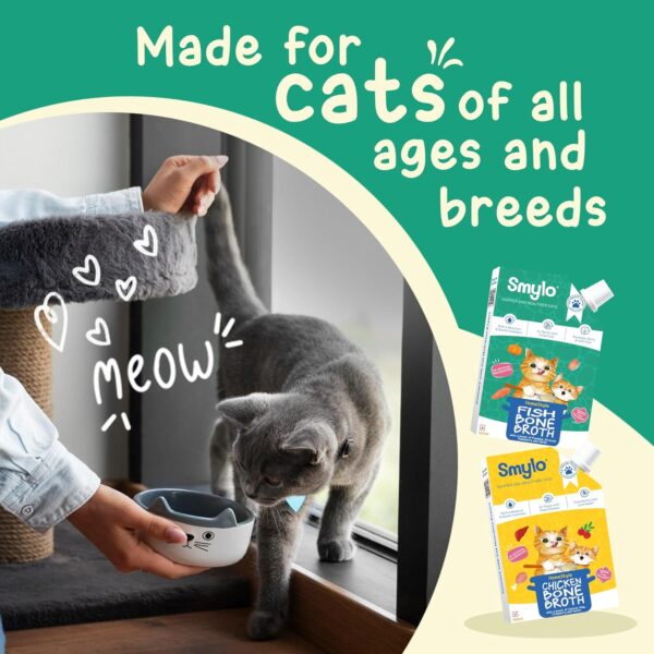 81rni4M88rL._SL1500_.jpg Smylo Summer Cooler, Hydration Rich Fish & Cḩicken Bone Broth for Cats (2+1 Combo) | Rich in Collagen for Bones & Joints Health| Omega 3 & 6 for Shiny Fur & Coat | Cat Food Topper and Cat Supplements