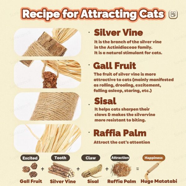 81s6AZgG6L._SL1500_.jpg Sunkizzrs® Huge Silvervine Stick with Sisal Rope & Gall Fruit & Raffia Palm —Matatabi Stick for Cat Teeth Cleaning —Interactive CatnipToy Set —Chew & Scratch Toys for Aggressive Chewers (Φ3 x 38cm)