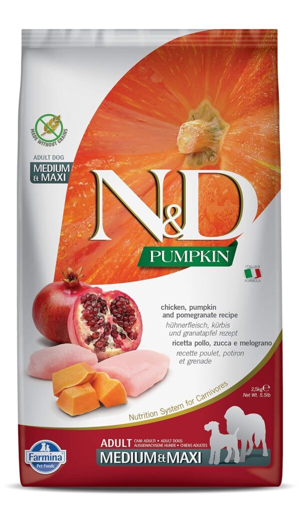 Farmina N&D Pumpkin Adult Medium/Maxi Dog Food | Chicken, Pomegranate Farmina N&D Pumpkin Adult Medium/Maxi Dog Food | Chicken, Pomegranate & Pumpkin |Rich in Anti-oxidants| Complete Food for Adult Dogs | 2.5kg | No Artificial Preservatives