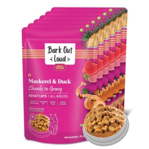 BARK OUT LOUD - Wet Cat Food Fresh Mackerel & Tuna | Omega Enriched, Salmon Oil, Taurine | No Sugar Gravy Cat Food for All Breeds | 85g (Pack of 6)