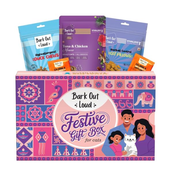 BARK OUT LOUD Festive Gift Box for Cats | Premium Gift Hamper with Duck Chews, Tuna & Chicken Mousse, Cat Pillows & Calming Supplements | Ideal Gift for All Cat Breeds & Ages