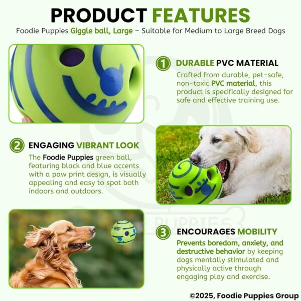 81v-ibakYL._SL1500_.jpg Foodie Puppies 5.5-Inch Interactive Giggle Ball Squeaky Dog Toy for Medium to Large Breeds, Durable Non-Toxic PVC Chew Ball for Stress Relief, IQ Training, Keeps Dogs Happy & Healthy