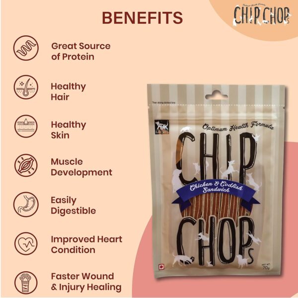81xZcpL0ILL._SL1500_.jpg Chip Chops Chicken & Codfish Sandwich Stick Dog Treat | High Protein, Easily Digestible Snack | Supports Overall Health | Suitable for All Dog Breeds & Ages, 70G