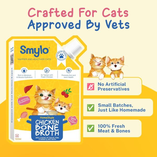 81z7optVBgL._SL1500_.jpg Smylo Summer Cooler, Hydration Rich Chicken & Fish Bone Broth for Cats (2+1 Combo) | Rich in Collagen for Bones & Joints Health| Omega 3 & 6 for Shiny Fur & Coat | Cat Food Topper and Cat Supplements
