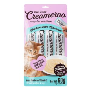 Kennel Kitchen Creameroo Cat Treats, 60g, 4 Pieces | Chicken with Mackerel Flavour | Smooth Creamy Lick-able Wet Food for Cats and Kittens | Handheld | Preservative Free