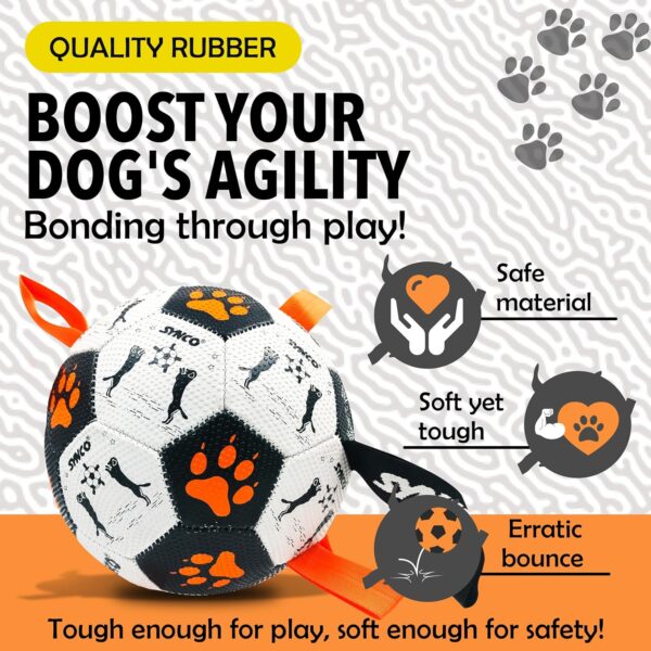 Synco Dog Football Black & White with Orange Holding Loops | Dog Balls for Large Breed | Pet Toys for Dogs | Dog Ball for Adult Dogs | Rubber Pet Balls | Suitable for All Dog Breeds & Sizes | Size- 3