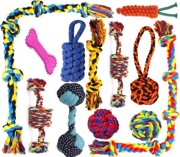 Dog and Puppy Toy Set - Chew, Teething, Rope, and Tug Toys for Small to Medium Dogs - Washable Cotton Pack of 12