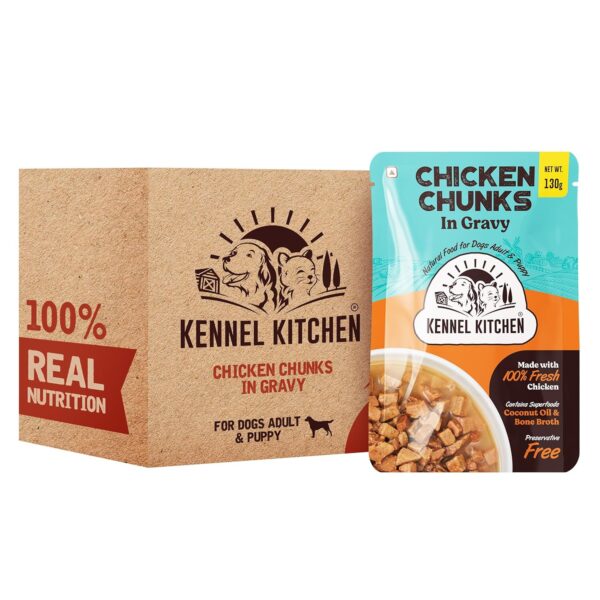 Kennel Kitchen Chicken Chunks in Gravy, 130g (Pack of 1) | Wet Dog Food for Adult & Puppy | Dog Food Gravy with Regionally Sourced Fresh Chicken | Free from Artificial Colours & Preservatives