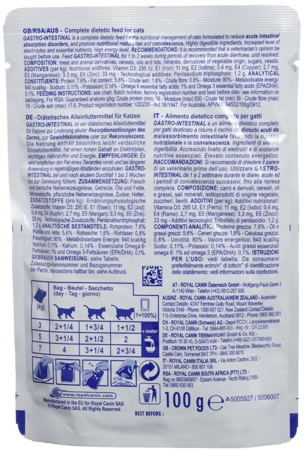 91dDDlLhOkL._SL1500_.jpg Royal Canin Gastro Intestinal Feline Cat Pouches 12 x 100 gm Pouches
