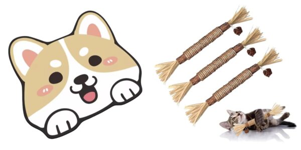 Adorable Crystal VelvetPolyester Cartoon Litter Mat - Soft 60 x 35cm (Dog Face) and Silvervine Stick for Cats with Sisal Rope and Gall Fruit, Catnip Alternative, Chew Toy Set of 3