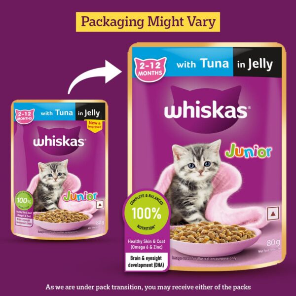 1765514800_71Yy7GBCaOL._SL1200_.jpg Whiskas Junior Kitten (2-12 Months) Wet Cat Food, Tuna in Jelly, 80 g (Pack of 56), Hydrating Food Made With Real Fish, 100% Complete & Balanced Nutrition for Kittens