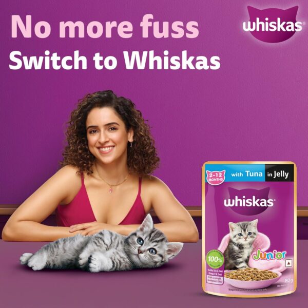 1765514801_81dVUQKPgAL._SL1500_.jpg Whiskas Junior Kitten (2-12 Months) Wet Cat Food, Tuna in Jelly, 80 g (Pack of 56), Hydrating Food Made With Real Fish, 100% Complete & Balanced Nutrition for Kittens