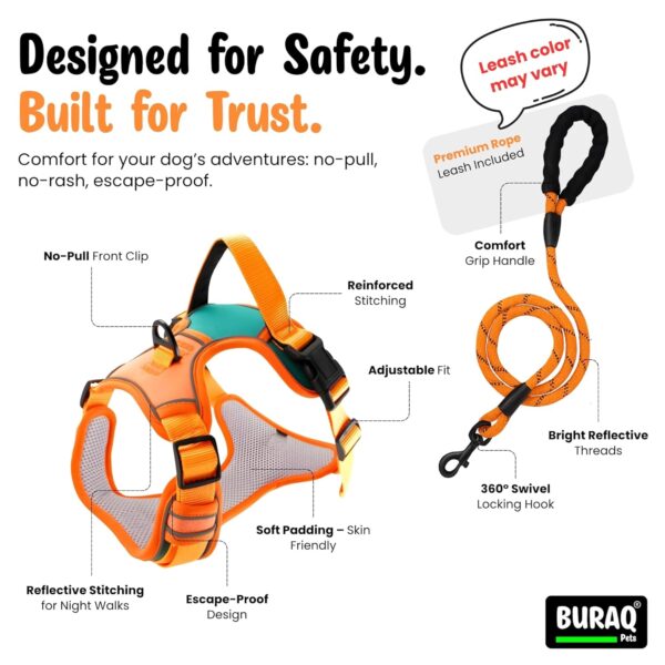1765532495_71mvnOaxbEL._SL1500_.jpg Buraq Reflective Dog Harness with Leash, No-Pull Adjustable Belt Vest for Small, Medium & Large Dogs, Escape-Proof, Padded Training & Walking Harness (S - Orange)