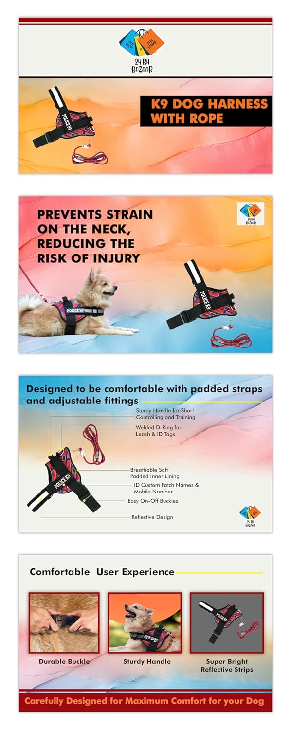 24 BH BAZAAR's K9 Dog Harness with Rope (L) - Reflective Printed Design | No-Pull Adjustable Harness & Rope for Large Dogs – Training & Outdoor Adventures.