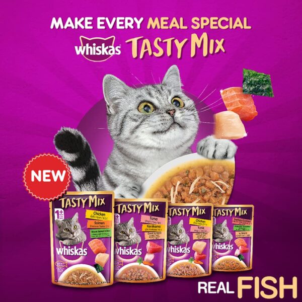 1765573740_71uC8NFTCML._SL1000_.jpg Whiskas Adult (1+ year) Tasty Mix Wet Cat Food Made With Real Fish, Chicken With Salmon Wakame Seaweed in Gravy - Pack of 12 (70g x 12)