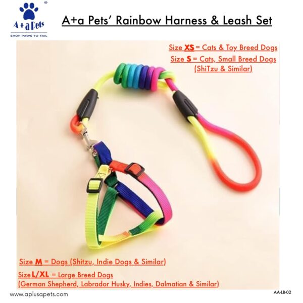 A+a Pets' Harness and Leash Set, Colourful Combo in Rainbow for Cats and Dogs (S, Rainbow)