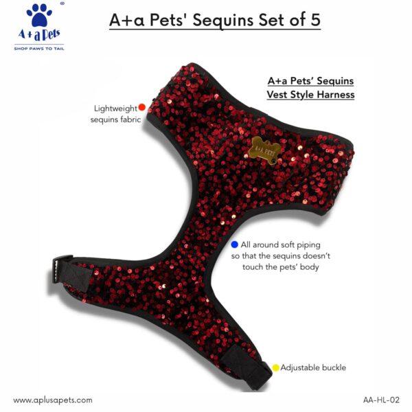 A+a Pets' Sequins Set of 5- Harness, Leash, Collar, Bow & Poo Bag Pouch for Dogs and Cats (3XL, Pink)