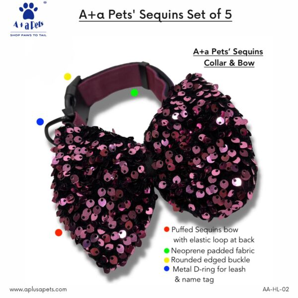 A+a Pets' Sequins Set of 5- Harness, Leash, Collar, Bow & Poo Bag Pouch for Dogs and Cats (3XL, Pink)