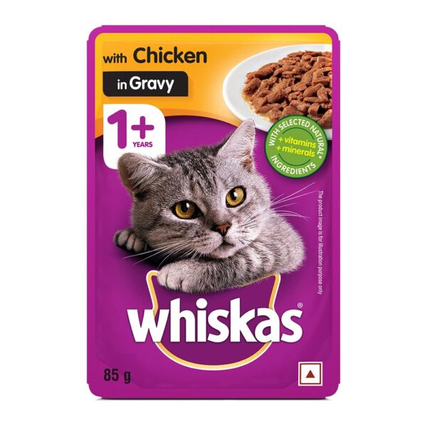 1765819741_6196KypGtnL._SL1000_.jpg Whiskas Wet Cat Food for Adult Cats (1+Years), Chicken in Gravy Flavour, 48 Pouches (48 x 85g) & Cat Treat, Tasty Chicken Flavour - 85 g