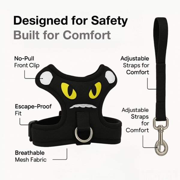 1765928083_619QOO-rG2L._SL1500_.jpg Adjustable Dog Harness and Leash Set for Dogs | No-Pull, No-Choke Soft Padded Vest | Cute Monster Face Design | Easy Control | Reflective & Comfortable Pet Harness | Walking and Training