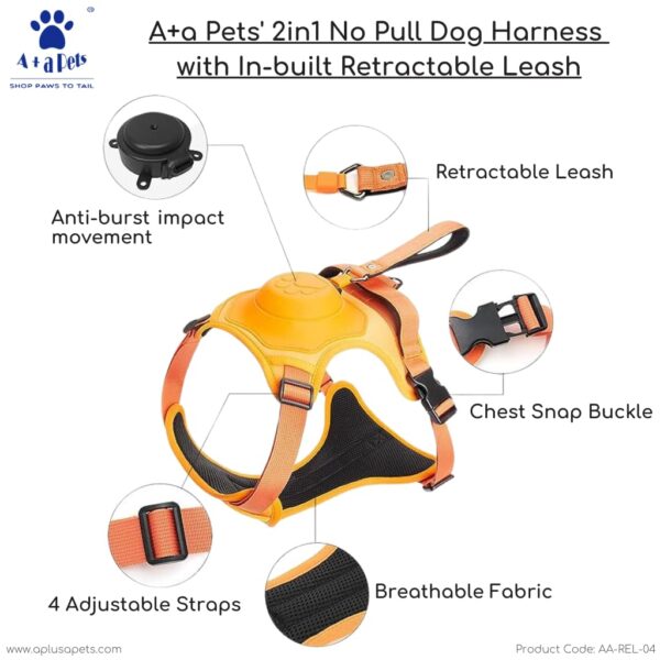 A+a Pets' 2in1 No Pull Dog Harness with in-Built Retractable Leash - Automatic and Anti Burst Impact Function (M, Red)