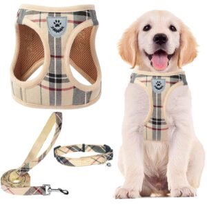 Pupteck Adjustable No-Pull Dog Harness, Collar and Leash Set for Pupteck Adjustable No-Pull Dog Harness, Collar and Leash Set for Small Medium Dogs, Puppies and Cats, Soft Mesh Padded Reflective Chest Strap for Walking and Training (Beige, XL (Chest 20"-22"))