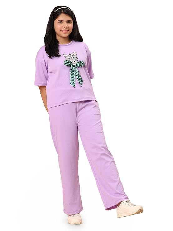 4147yWkCyaL.jpg Women's Casual Lounge Set, T-Shirt with Cat Bow Print and Matching Pants
