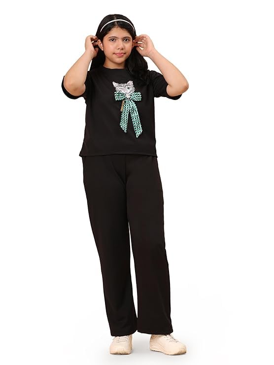 417O4AVd3hL.jpg Women's Casual Lounge Set, T-Shirt with Cat Bow Print and Matching Pants