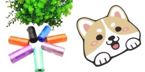 Pet Waste Trash Bags for Dogs, Cats, Biodegradable, Pack of 8 Rolls (120 Bags) And Adorable Crystal Velvet Cartoon Cat Litter Mat - Ultra Soft, 60 x 35cm (White, Coffee, Dog Face)