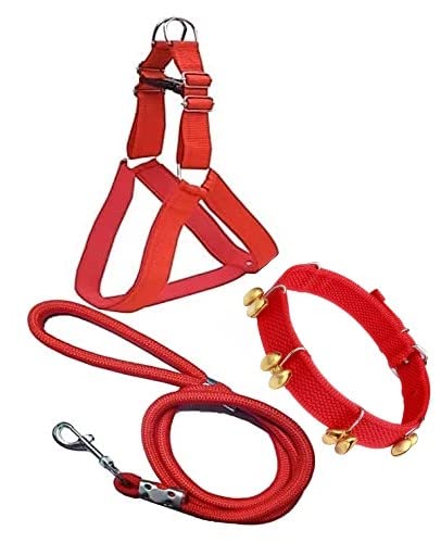 PSK PET MART Ghungroo Dog Combo Pack of Harness, Neck Collar Belt and Rope Set (Black, Medium) (Red Ghungroo)