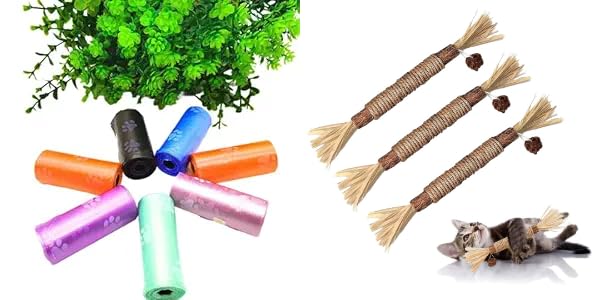 Pet Waste Trash Bags for Dogs, Cats, Pack of 8 Rolls (120 Bags) And Silvervine Stick for Cats with Sisal Rope and Gall fruit, Natural Catnip Alternative, Cat Chew Toy set of 3