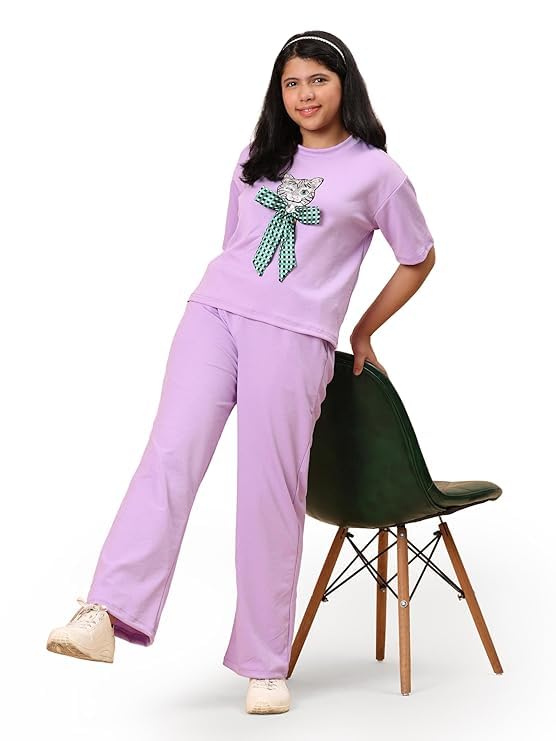 41UMCsIzeZL.jpg Women's Casual Lounge Set, T-Shirt with Cat Bow Print and Matching Pants