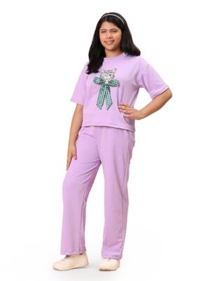 Women's Casual Lounge Set, T-Shirt with Cat Bow Print and Women's Casual Lounge Set, T-Shirt with Cat Bow Print and Matching Pants